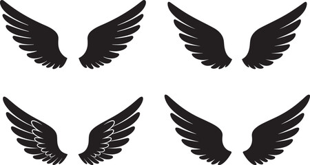 Obraz premium Collection of four distinct black angel wings in a silhouette isolated on white background