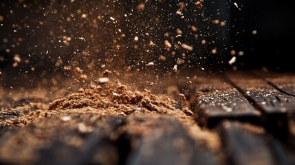 Chocolate powder explosion on rustic wooden surface