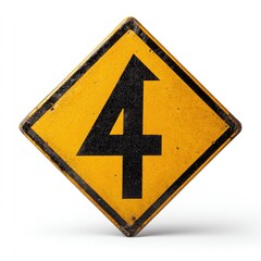 Worn yellow diamond-shaped traffic sign with a large black number four