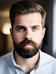 Obraz premium Handsome man with a well-groomed beard and stylish haircut, wearing a light shirt, gazing thoughtfully at the camera, conveying confidence and modern masculinity in a softly lit environment