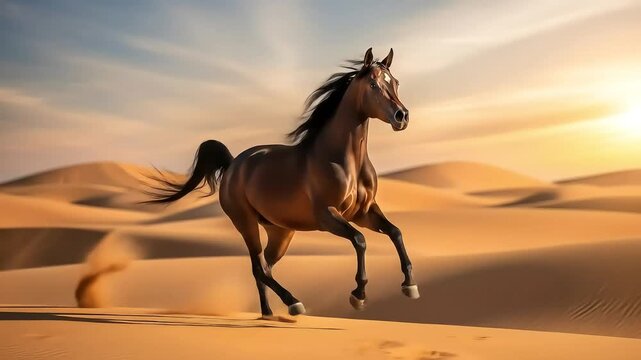 Majestic horse galloping across golden desert dunes under warm sunset skies, its mane flowing and hooves kicking up sand in a cinematic display of freedom and grace