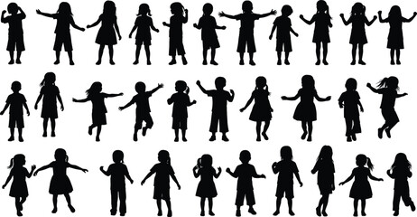 Silhouette Vector of Happy Kids Jumping, Dancing, and Playing in Group Isolated on White Background for Children Activity Illustration.eps