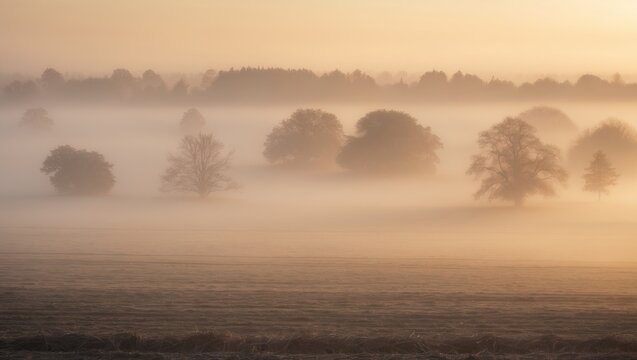 Morning landscape with foggy trees and fields at sunrise or sunset. Nature scene with mist and silhouettes of trees. Tranquil rural environment.
