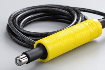 Close-up of a yellow-handled tool with a coiled dark cord