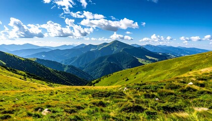 Majestic Mountain Valley Landscape under a Sunny Sky.