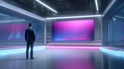 Contemplative businessman in futuristic studio measuring potential customer service satisfaction on large blank screen. professional evaluating new data visualization
