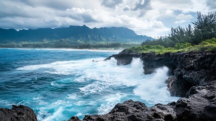Ocean Waves Crashing Against Rugged Volcanic Cliffs and Mountains