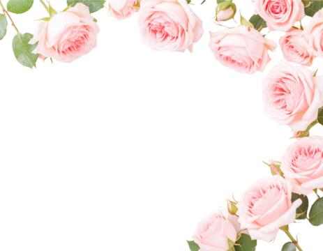 Beautiful bouquet of pink roses with delicate leaves creates a romantic border on a white background