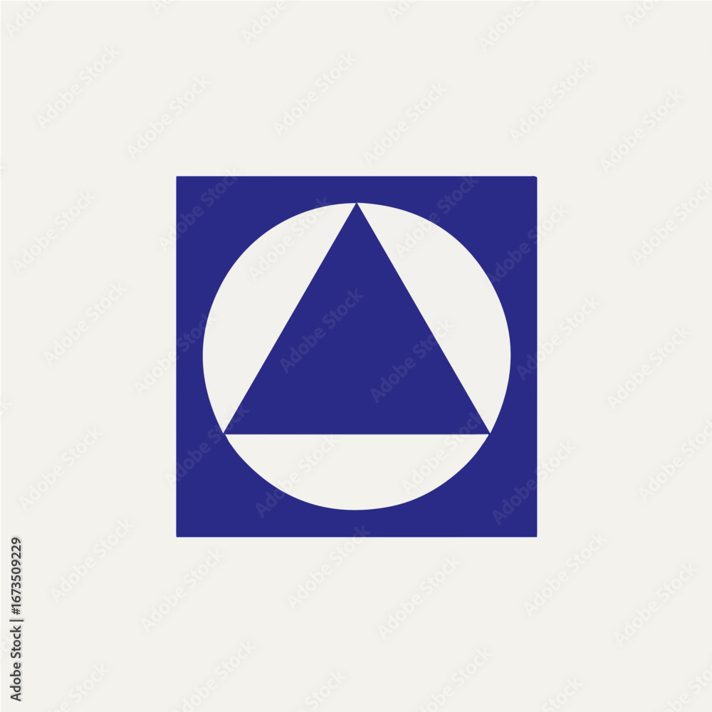 Poster abstract geometric design featuring a blue triangle within a circle and square element