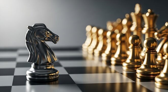 Strategic challenge symbolized by a lone black knight confronting a golden army on a chessboard representing business competition and leadership