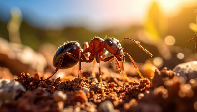 Close-Up View of an Ant Crawling on Soil with Sunlit Background