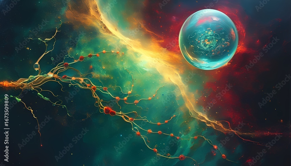 Poster cosmic wonder a luminous nebula swirls with a translucent orb reflecting the universe s vibrant colo