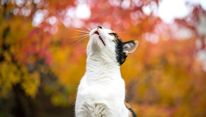 Cat looking up at autumn leaves