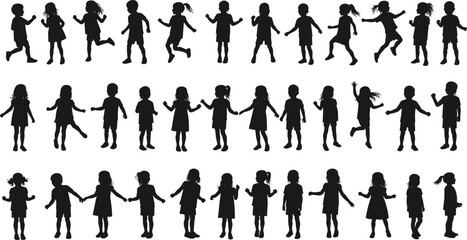 Silhouette Vector Set of Children Playing, Walking, and Holding Hands in Various Joyful and Active Poses for Childhood Concepts