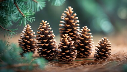 Pinecones arranged on a surface with green pine branches in the background, capturing a cozy, natural holiday or winter scene.