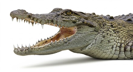 鋭い歯 大きく開けたワニの口 自然光輝く肌. AI Generated