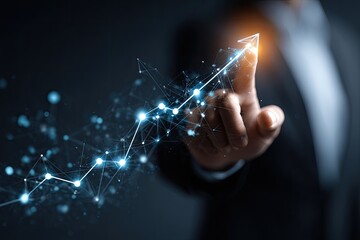 Fototapeta premium Hand points to a rising graph, connected by lines and dots