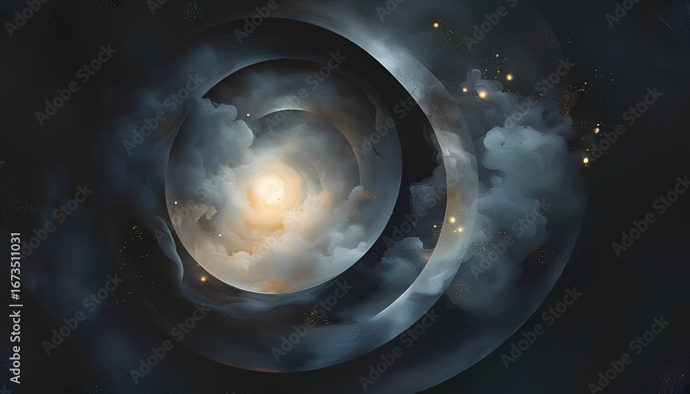 Poster abstract swirling cosmic nebula with a bright central light source and dark galactic structures crea