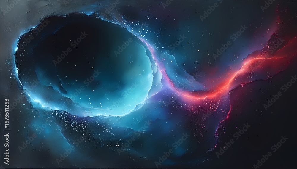 Poster a swirling nebula with a bright blue glowing core and a vibrant red energy stream emanating from it 