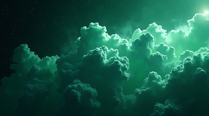 Obraz premium Dreamy Emerald Skies: A Mesmerizing View of Green Clouds and Distant Stars