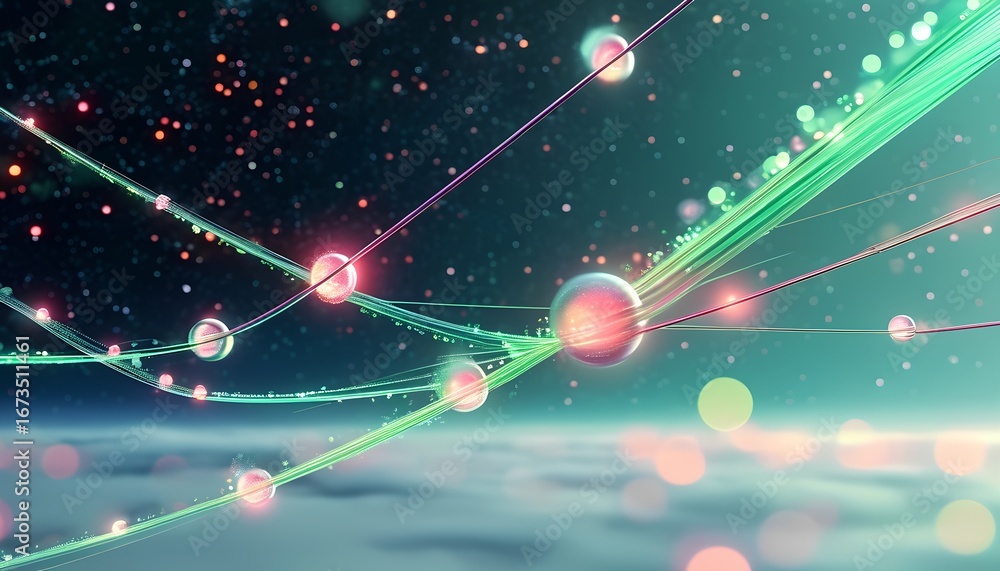 Poster abstract network of glowing spheres and lines connecting across a cosmic landscape with distant star