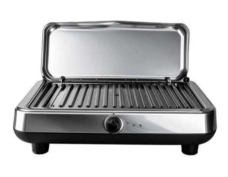  Shiny Stainless Steel Electric Griddle, Front View, Sleek and Clean, isolated on Transparent Background