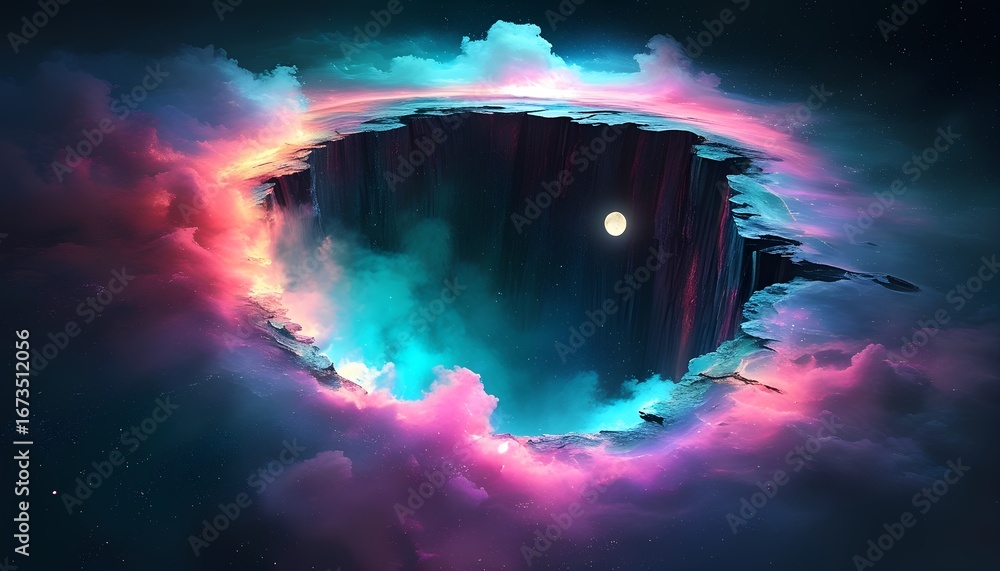 Poster a vibrant swirling nebula of cosmic dust and gas forms a portal or gateway in the vast expanse of de