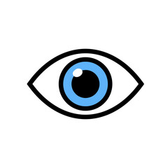 Human eye looking forward with a blue iris on a white backdrop, representing vision, clarity, and perception in a simple, clean style.
