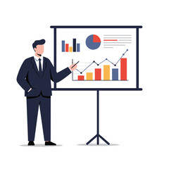 Businessman presenting financial data on a screen in a modern office, showcasing growth and success with a confident and professional demeanor.