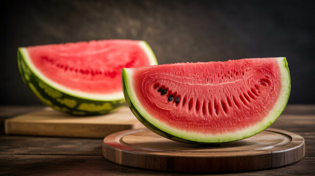 Juicy watermelon slices offer healthy summer refreshment on rustic wood, perfect for picnics and vibrant seasonal promotions