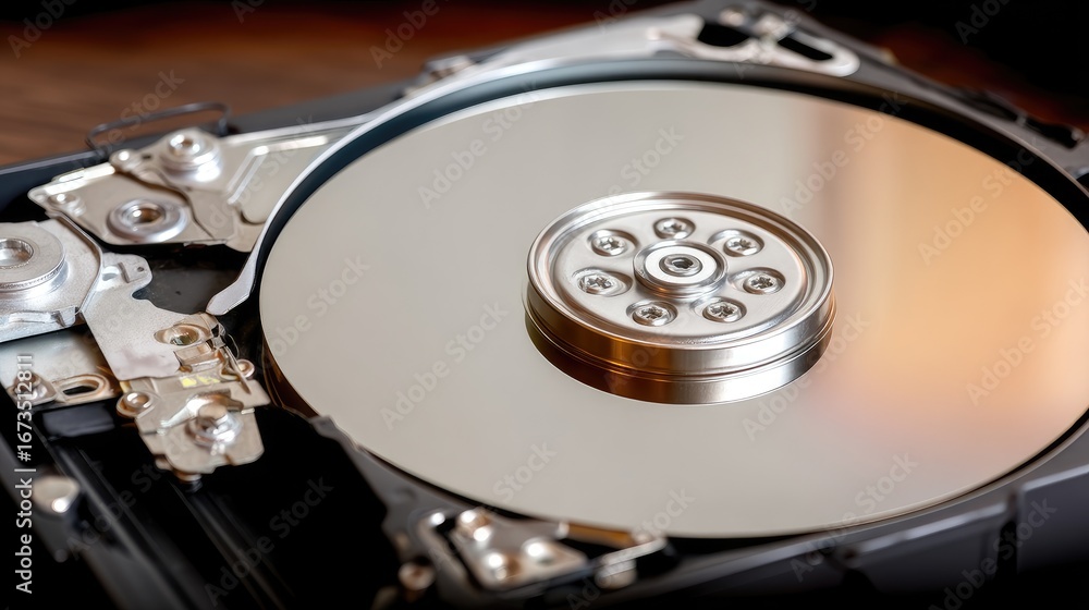 Poster hard disk drive showing internal components and shiny platters viewed from above in a well-lit room