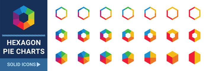 Hexagon pie charts set. Set of hexagon pie charts 3, 4, 5, 6, 7, 8 or 9 steps - Vector