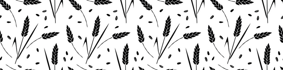 Wheat spikelets and grains, vector seamless pattern in flat style, isolated. Design of print, wrapping paper, packaging on theme of bakery products, flour, harvest, thanksgiving.