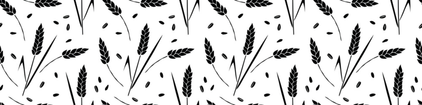 Wheat spikelets and grains, vector seamless pattern in flat style, isolated. Design of print, wrapping paper, packaging on theme of bakery products, flour, harvest, thanksgiving.