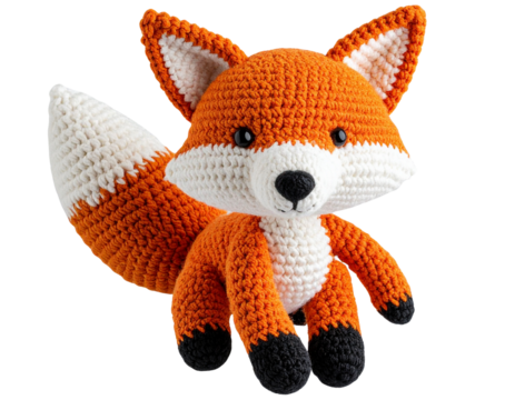  Top-Down Perspective of Crocheted Fox Plush in White Background, Emphasizing Shape and Texture, isolated on Transparent Background