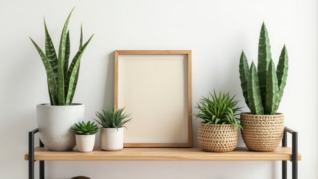 Green plants in pots with wooden frame potted plants - Powered by Adobe