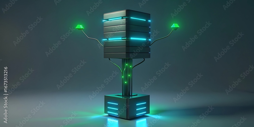 Poster abstract robotic sculpture with glowing neon lights, symbolizing artificial intelligence and advance