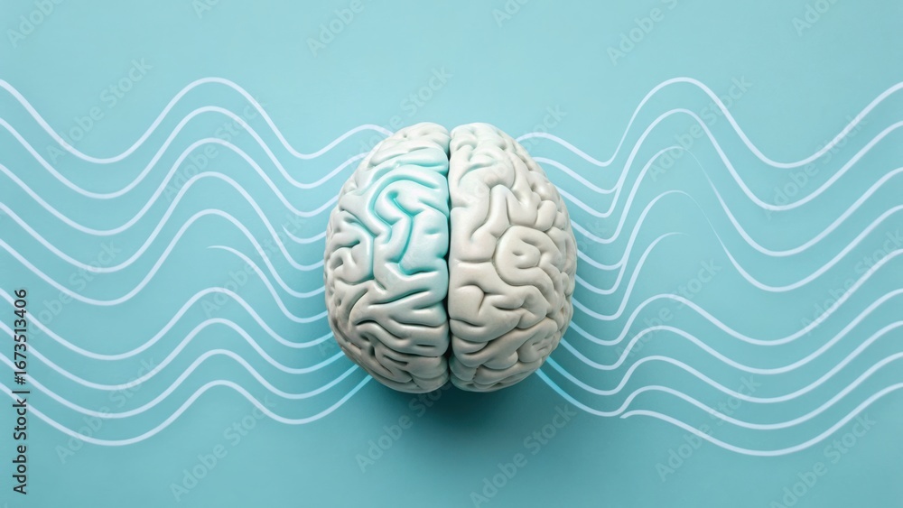 Aufkleber conceptual illustration of a brain with wave patterns on a blue background.
