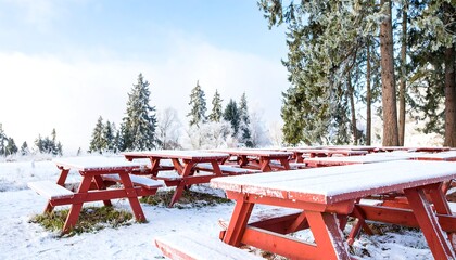 Winter picnic tables covered in snow, serene outdoor scene.