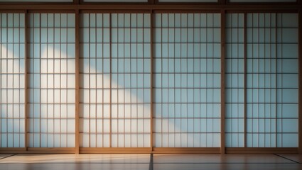 Japanese shoji screens with sunlight shining through, inside traditional room. Wooden framework and paper panels. Elegant and minimalist interior design.