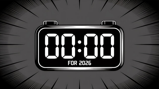 Digital clock showing 0000 for New Year 2026 countdown time