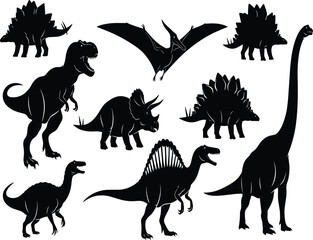 Black silhouette vector illustration of various dinosaur species including T-Rex, Triceratops, Stegosaurus, and Pteranodon for educational and design use © Asad Creative