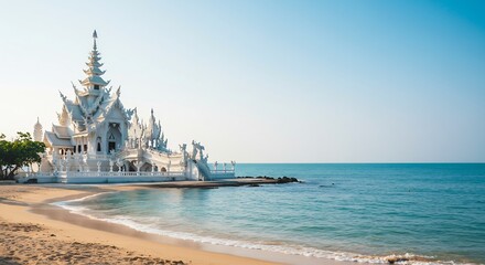 Fototapeta premium 輝く白亜の寺院 海辺に佇む 美しい風景 穏やかな光. AI Generated
