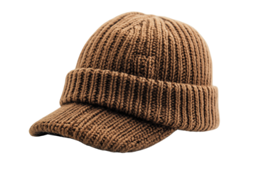 Stylish brown knitted cap with a wide brim, perfect for casual outings and keeping warm in colder weather.