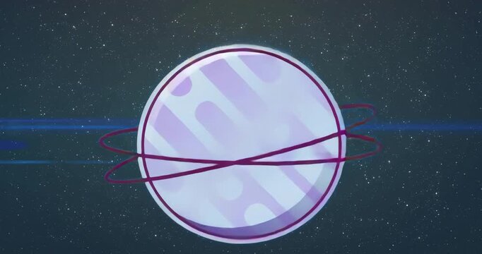 On start rings spinning purple planet as blue lens flare emerging and drifting showing space orbit