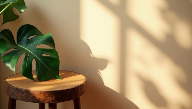 Monstera leaf on wooden stool with sunlit wall green leaf