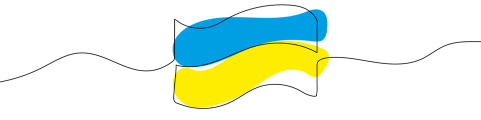 Ukrainian flag in one line art style. Ukrainian flag drawing with editable stroke on white background. Vector illustration.