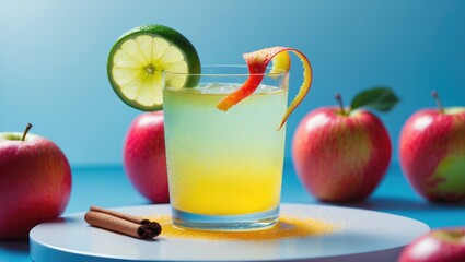 Fototapeta premium Colorful cocktail with a cucumber slice and cherry on the rim, surrounded by apples and cinnamon sticks on a light blue background.