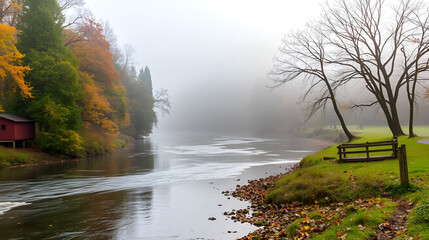 River Wupper on foggy autumn morning