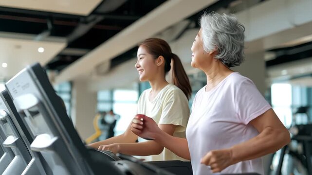 Young active adult child and mature middle age old mum run walk advice workout at gym. Love mental health care older retired mom asia elder people happy protect aging life balance enjoy sport club.